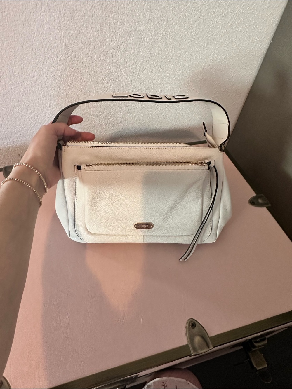 Lodis White Leather Shoulder Bag with Front Pocket